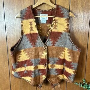 Solutions Aztec Southwest Tribal Print Button Front Vest Women L Wool Blend